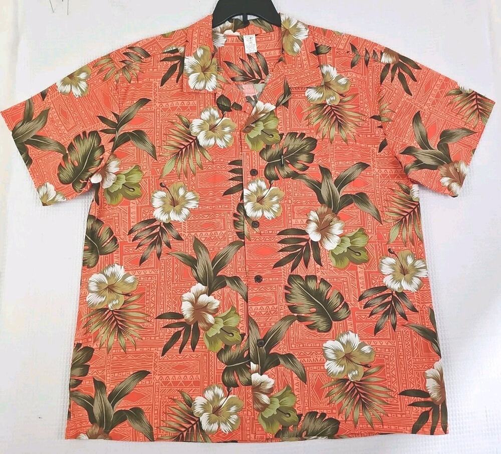 Palm Wave Hawaii~Mens 2XL~ Orange Floral Hawaiian Tropical Beach Button-Up Shirt